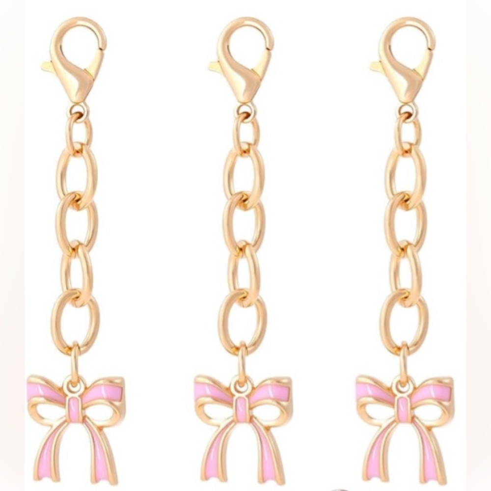 🎀NEW Set of 3❣️Bow Charm Gold & Pink Enamel Mini Bag Charm Zipper Pull Keychain